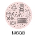 Vector set of baby accessories for the newborn. Crib, chair, stroller, bottle, toy and clothes in a linear style. Isolated objects Royalty Free Stock Photo