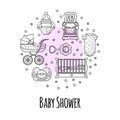 Vector set of baby accessories for the newborn. Crib, chair, stroller, bottle, toy and clothes in a linear style. Isolated objects Royalty Free Stock Photo