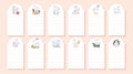 Vector set of baby calendar stickers with cute little bunny smile, walk, smile, sit on white background. Royalty Free Stock Photo