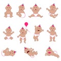 Vector set of baby character with light dark skin, brown eyes and gray dark blonde hair. Cliparts of a toddler girl in