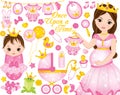 Vector Set for Baby Girl Shower with Pregnant Woman and Baby Girl Dresses as Princesses