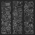 Vector set of back to school icons in doodle style. Chalked drawing on a school blackboard. Royalty Free Stock Photo