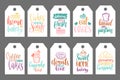 Vector set of bakery hand lettering tags. Typography design cards or labels. Calligraphy with cookie Illustrations.