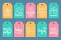 Vector set of bakery hand lettering tags. Typography design cards or labels. Calligraphy with cookie Illustrations.