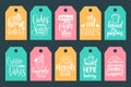 Vector set of bakery hand lettering tags. Typography design cards or labels. Calligraphy with cookie Illustrations.