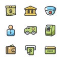 Vector Set of Banking services Icons. Money Bag, Bank Building, CCTV, Banker, Collector Car, ATM, Wallet, Check, Card. Royalty Free Stock Photo