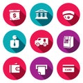 Vector Set of Banking services Icons. Money Bag, Bank Building, CCTV, Banker, Collector Car, ATM, Wallet, Check, Card. Royalty Free Stock Photo