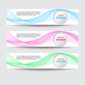 Vector set of banners with colored waves-blue, pink, green. Royalty Free Stock Photo