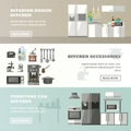 Vector set of banners with kitchen interior, accessories and furniture Royalty Free Stock Photo