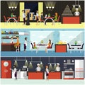 Vector set of banners with restaurant interiors. People having lunch in cafe. Kitchen, dining Royalty Free Stock Photo