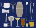 Vector set of bar equipment shaker, mixing, serving, pouring cocktails, drinks in the bar, in a flat and cartoon style