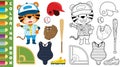 Vector set of baseball elements with funny tiger in baseball player costume, coloring page or book Royalty Free Stock Photo