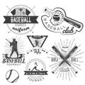 Vector set of baseball labels in vintage style. Sport concept. Bat and ball.