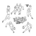 Vector set basketball players in sports uniform. Sportsmans motion with ball in different poses and race. Outline black