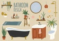 Vector set of bathroom accessories and furniture. Hand drawn home bath interior isolated objects. Bathtub, shower Royalty Free Stock Photo