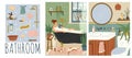 Vector set of bathroom interiors hand drawn illustrations. Woman reading book while relax in bath tub. Bathroom