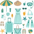 Vector set of beach accessories and clothing in blue and yellow tones Royalty Free Stock Photo