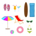 Vector set of beach accessories in flat style for your summer or holiday design. Isolated on white background.