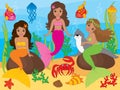 Vector Set of Beautiful African American Mermaids and Sea Life Elements Royalty Free Stock Photo