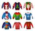 Vector set of beautiful cute Christmas sweaters with holiday decorations. Knitted winter lights