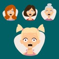 Vector set beautiful emoticons face of people fear shock surprise avatars characters illustration