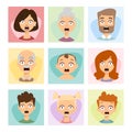 Vector set beautiful emoticons face of people fear shock surprise avatars characters illustration