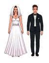 Vector set of beautiful European just married couple.