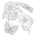 Vector Set of Beautiful Monochrome Floral Design Elements with Insects Royalty Free Stock Photo