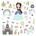 Vector set of beautiful princess, castle, unicorn