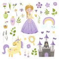 Vector set of beautiful princess, castle, unicorn