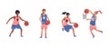 Vector set with beautiful women who go in for sports, play basketball. Girls, White background