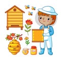 Vector set with bee apiary and boy.