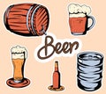 Vector set of beer. Bottle, keg caps and bottle with beer. Royalty Free Stock Photo