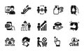 Vector set of Bell alert, Messenger mail and Employee result icons simple set. Vector