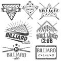 Vector set of billiard labels in vintage style. Sport concept. Billiard cue and balls. Royalty Free Stock Photo