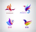 Vector set of bird logos, icons, illustrations in trendy colorful geometric style. Phoenix, dove, freedom, flight