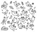 Vector set of birds cartoons, black silhouettes. Royalty Free Stock Photo