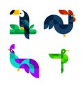 Vector set of birds with simple minimalist geometric shapes. Template of toucan, rooster, pheasant, hummingbird