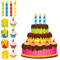 Vector Set with Birthday Cake, Candles, Cupcakes and Gift Boxes