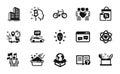 Vector set of Bitcoin think, Skyscraper buildings and Sale bags icons simple set. Vector