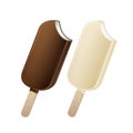 Vector Set of Bitten Popsicle Choc-ice Lollipop Ice Cream in Dark Milk White Chocolate Glaze on Stick with Filling Close Royalty Free Stock Photo