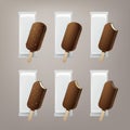 Vector Set of Bitten Popsicle Lollipop Ice Cream in Chocolate Glaze on Stick with Filling and Nuts with White Foil Royalty Free Stock Photo