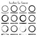 Vector set of 12 black brushes and round frames painted in ink Royalty Free Stock Photo