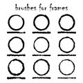 Vector set of 9 black brushes and round frames painted in ink