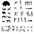 Vector Set of Black Cave Drawings Illustrations on White Background.