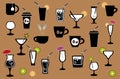 Vector Set of Black Drinks Icons. Tea, Coffee, Alcohol, Martini, Wine, Beer, Mineral Water, Fizzy Water, Smoothie, Cocktail Royalty Free Stock Photo