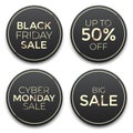 Vector set of Black Friday and Cyber Monday premium style sale badges with golden details. Royalty Free Stock Photo