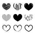 Vector set black heart design on white. Brush design love symbol.