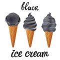 Vector Set of black ice cream dark with of different shapes in a cup on transparent background lettering hand made text