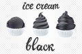 Vector Set of black ice cream dark with of different shapes in a cup on transparent background lettering hand made text